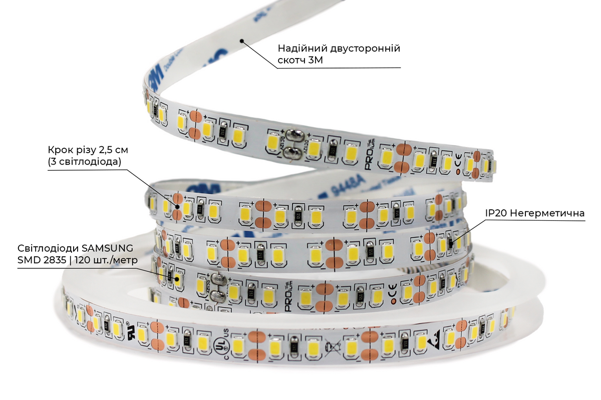 Світлодіодна LED стрічка PROLUM&trade; 12V; IP20; Series "SG" High Lumen 320126-S купити в Харкові, Україні: ціна, відгуки, характеристики