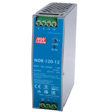 Блок живлення Mean Well на DIN-рейку NDR-120-12 (120W; 10A; 12V; IP20) Series "NDR" 622023 купити в Харкові, Україні: ціна, відгуки, характеристики